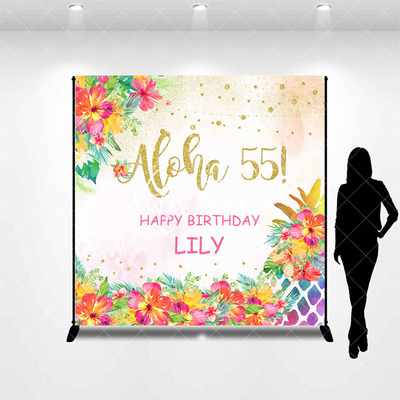 Aperturee - Custom Name Aloha 55 Floral Happy Birthday Backdrop