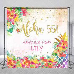 Aperturee - Custom Name Aloha 55 Floral Happy Birthday Backdrop