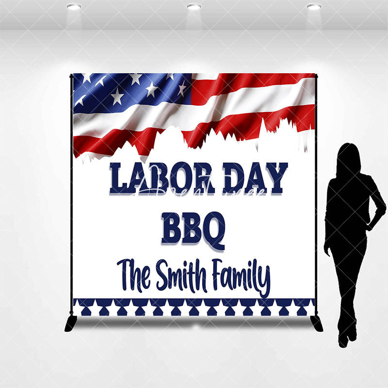 Aperturee - Custom Name American Flag Labor Day Bbq Backdrop