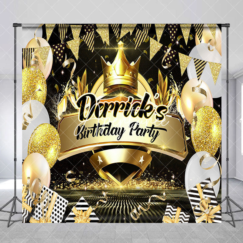 Aperturee - Custom Name Black Gold Balloons Birthday Backdrop