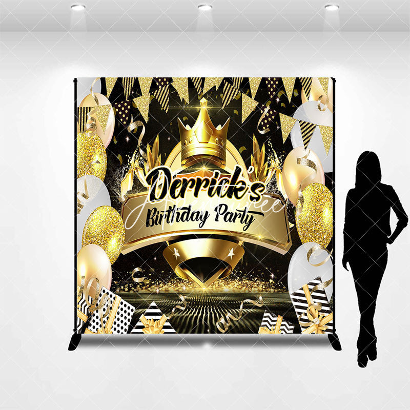 Aperturee - Custom Name Black Gold Balloons Birthday Backdrop