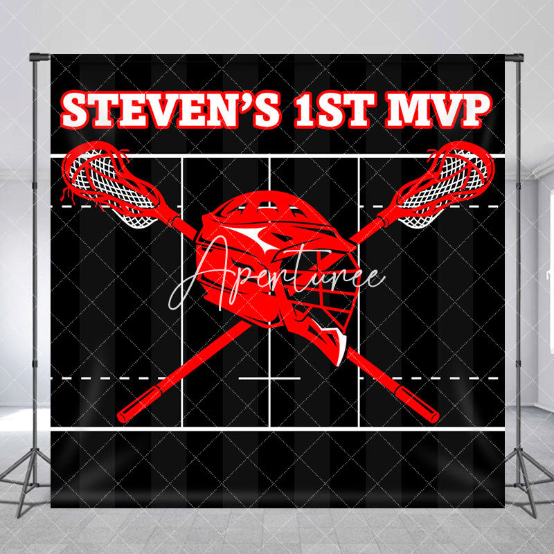 Aperturee - Custom Name Black Red Lacrosse 1st Birthday Backdrop