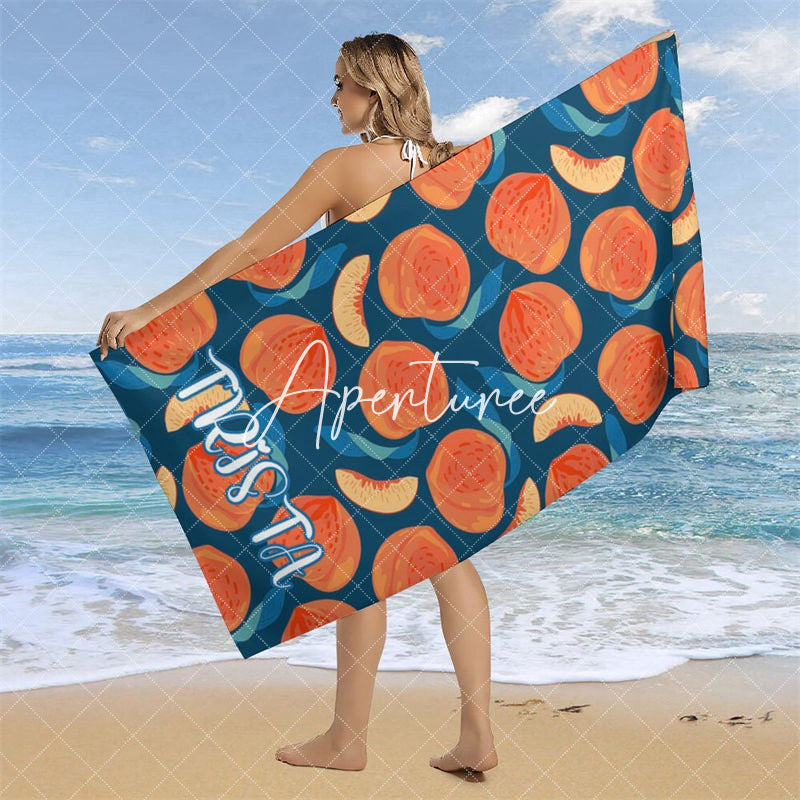 Aperturee - Custom Name Blue Peach Fruit Beach Towel For Girls