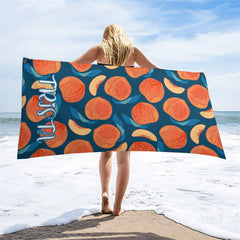 Aperturee - Custom Name Blue Peach Fruit Beach Towel For Girls