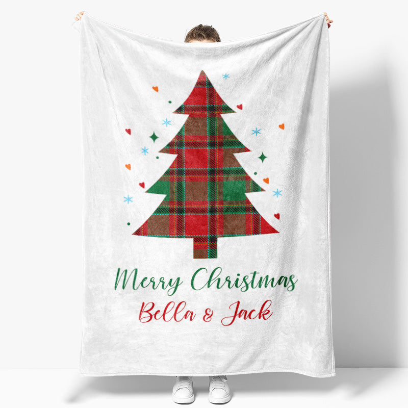 Aperturee - Custom Name Checkered Christmas Tree White Blanket