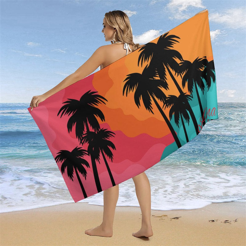 Aperturee - Custom Name Coconut Tree Summer Sunset Beach Towel