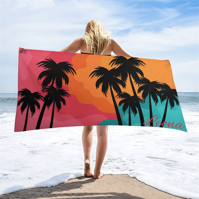 Aperturee - Custom Name Coconut Tree Summer Sunset Beach Towel