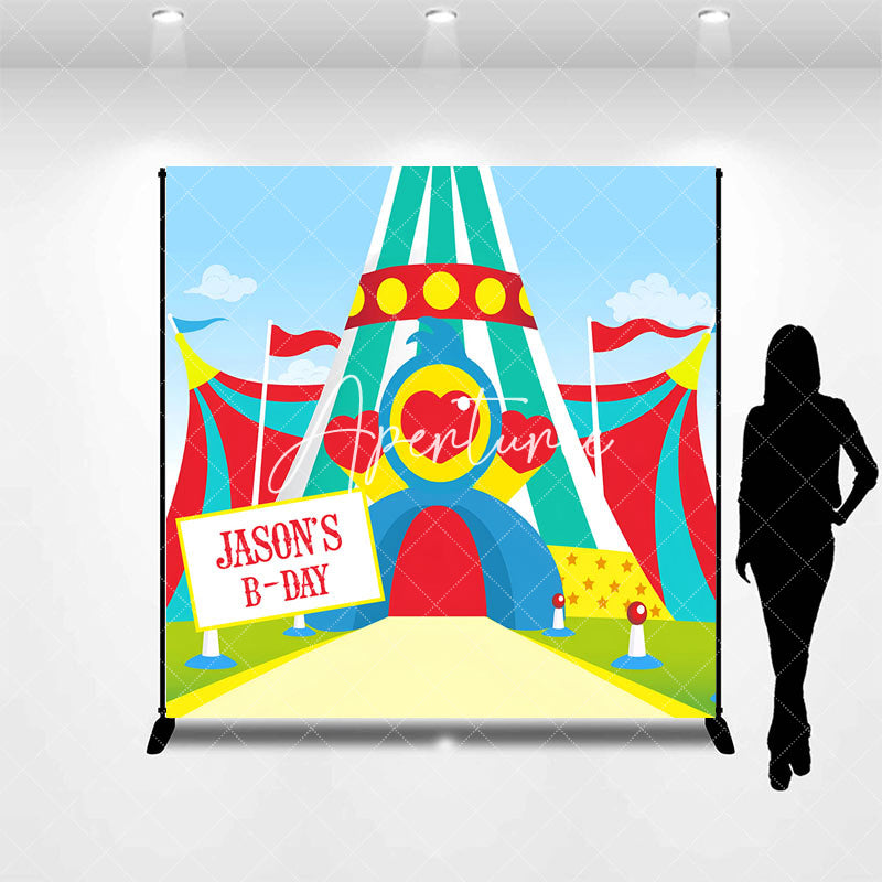 Aperturee - Custom Name Colorful Circus Tent Birthday Backdrop