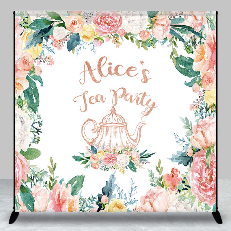 Aperturee - Custom Name Colorful Floral White Tea Party Backdrop