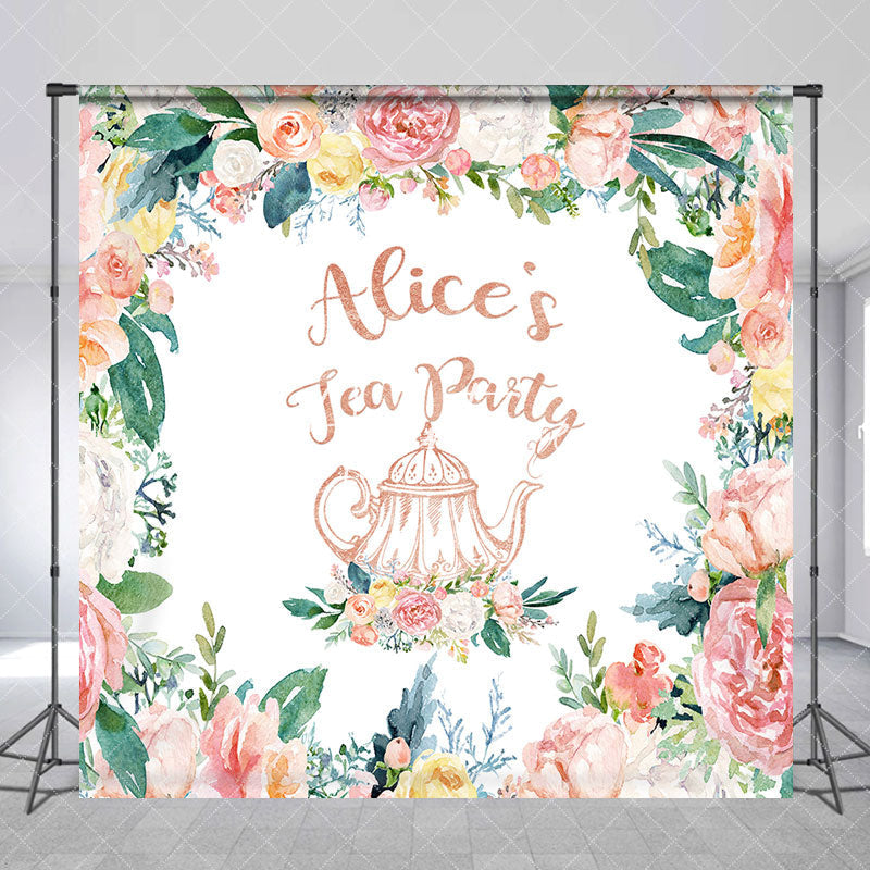 Aperturee - Custom Name Colorful Floral White Tea Party Backdrop