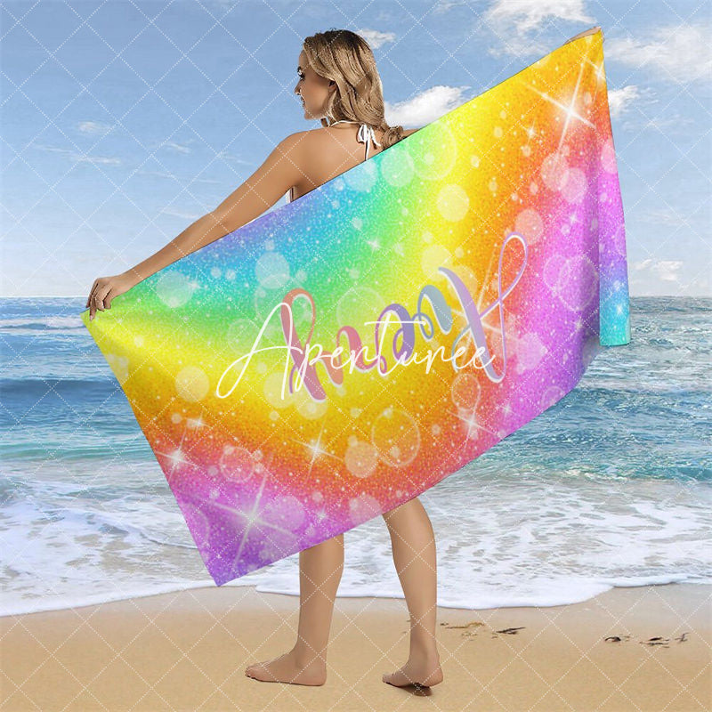 Aperturee - Custom Name Colorful Rainbow Sparkle Beach Towel