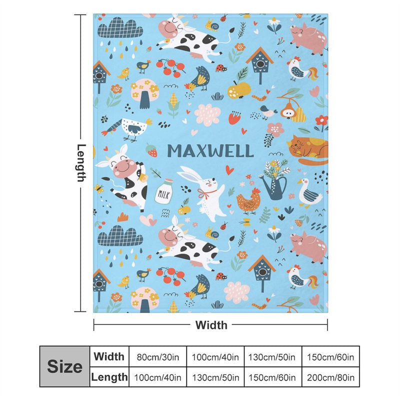 Lofaris Custom Name Cute Farm Animals Repeat Blue Blanket