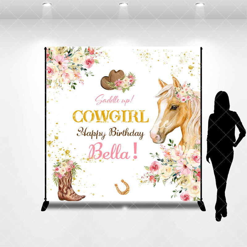 Aperturee - Custom Name Floral Cowgirl Horse Birthday Backdrop