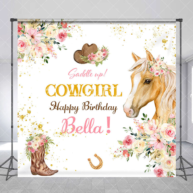 Aperturee - Custom Name Floral Cowgirl Horse Birthday Backdrop