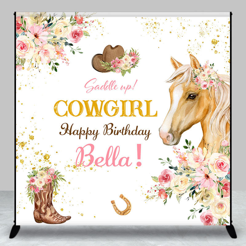 Aperturee - Custom Name Floral Cowgirl Horse Birthday Backdrop