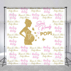 Aperturee - Custom Name Gold Pregnant Woman Baby Shower Backdrop