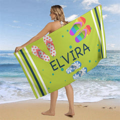 Aperturee - Custom Name Green Beach Slippers Summer Towel