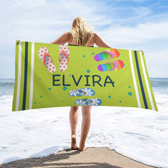 Aperturee - Custom Name Green Beach Slippers Summer Towel