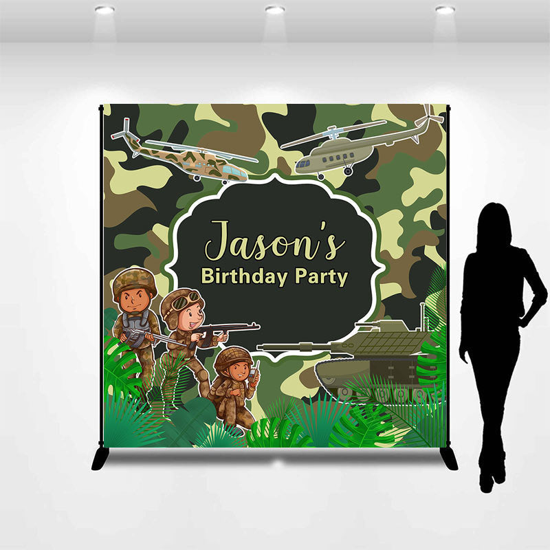 Aperturee - Custom Name Green Camouflage Birthday Backdrop For Boy