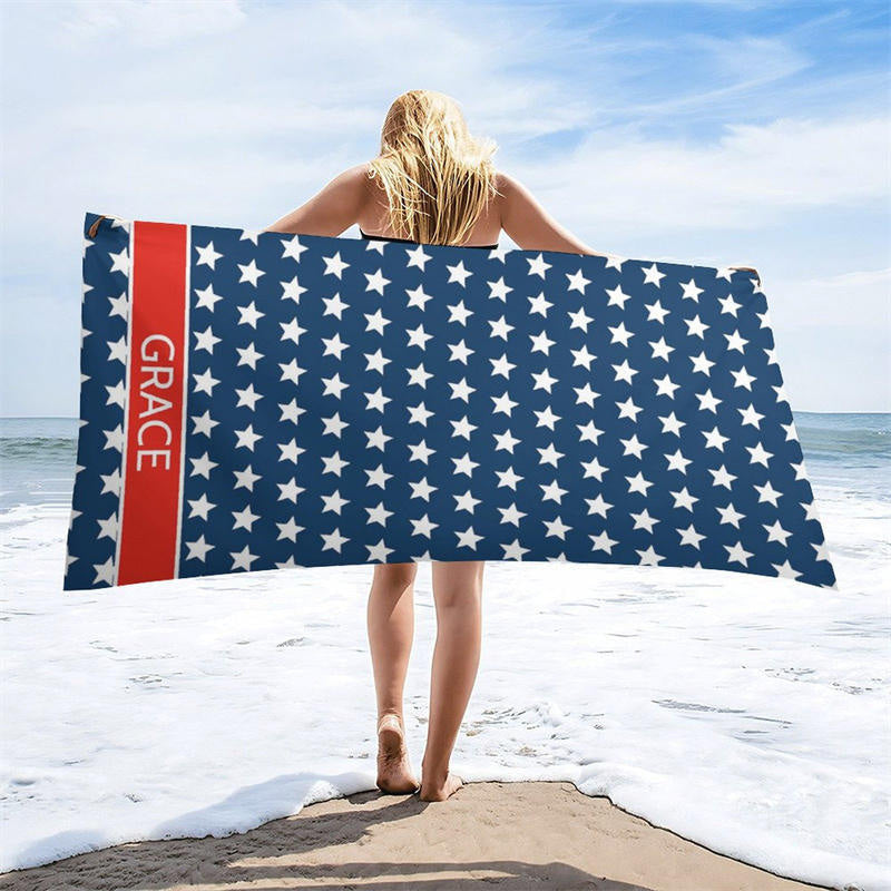 Aperturee - Custom Name Navy Blue Stars Beach Towel For Gifts