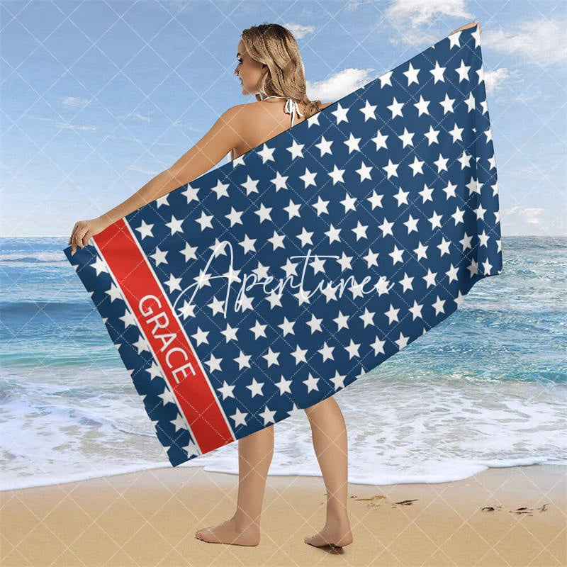 Aperturee - Custom Name Navy Blue Stars Beach Towel For Gifts