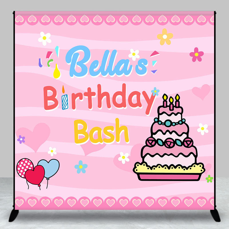 Aperturee - Custom Name Pink Cake Balloon Birthday Bash Backdrop