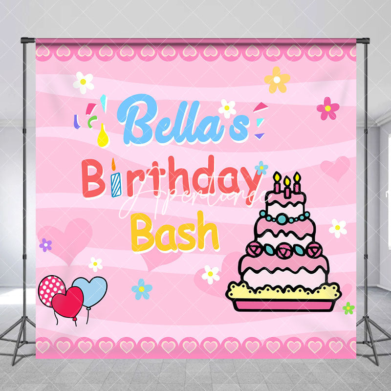 Aperturee - Custom Name Pink Cake Balloon Birthday Bash Backdrop