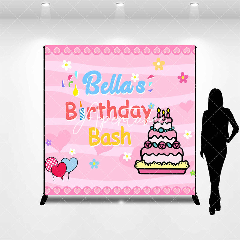 Aperturee - Custom Name Pink Cake Balloon Birthday Bash Backdrop