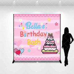 Aperturee - Custom Name Pink Cake Balloon Birthday Bash Backdrop