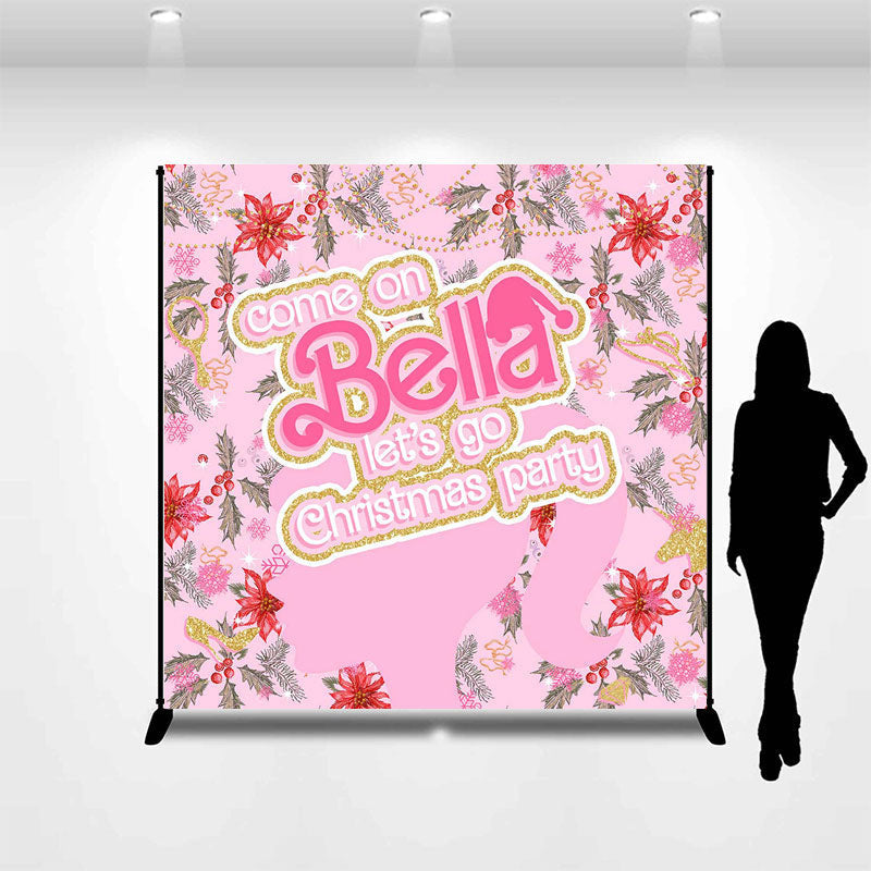 Aperturee - Custom Name Pink Girl Floral Christmas Backdrop