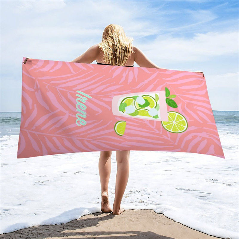 Aperturee - Custom Name Pink Leaves Lemon Juice Girl Beach Towel