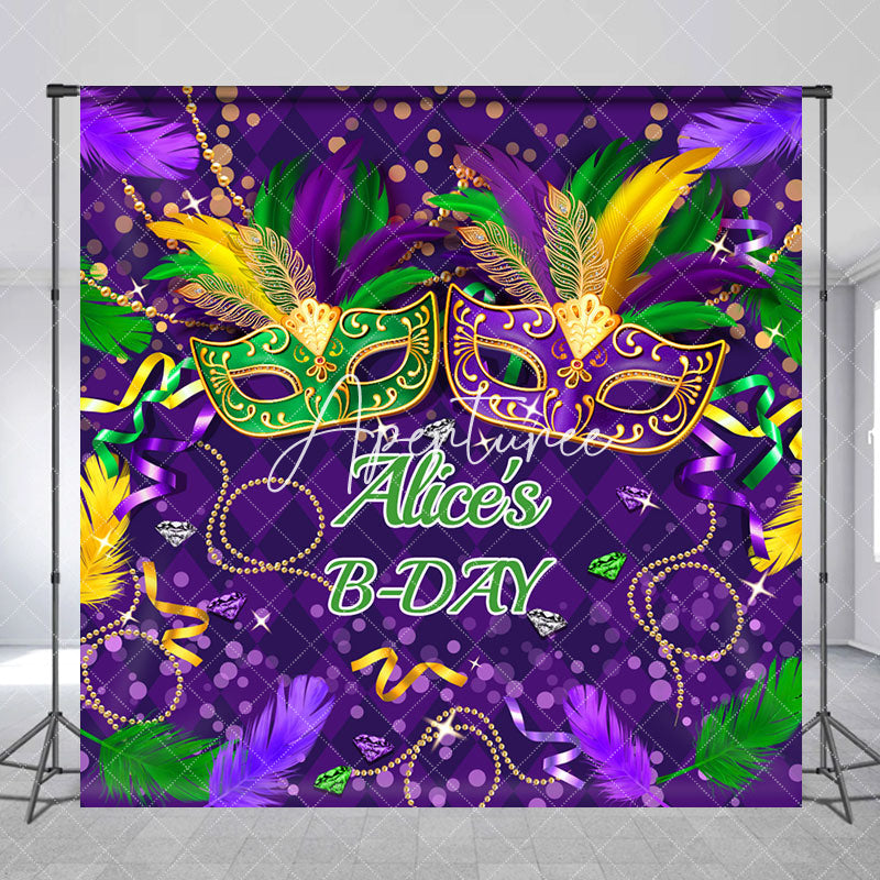 Aperturee - Custom Name Purple Mask Masquerade Birthday Backdrop