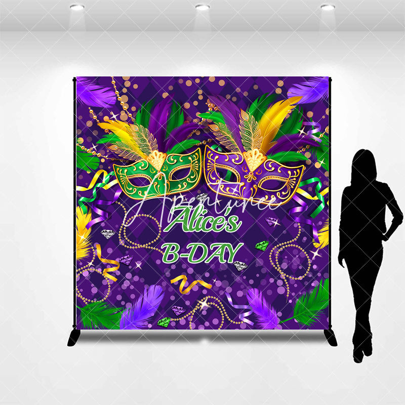 Aperturee - Custom Name Purple Mask Masquerade Birthday Backdrop