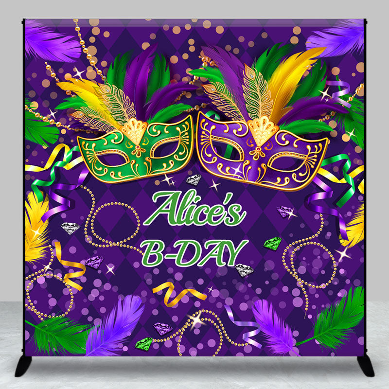 Aperturee - Custom Name Purple Mask Masquerade Birthday Backdrop