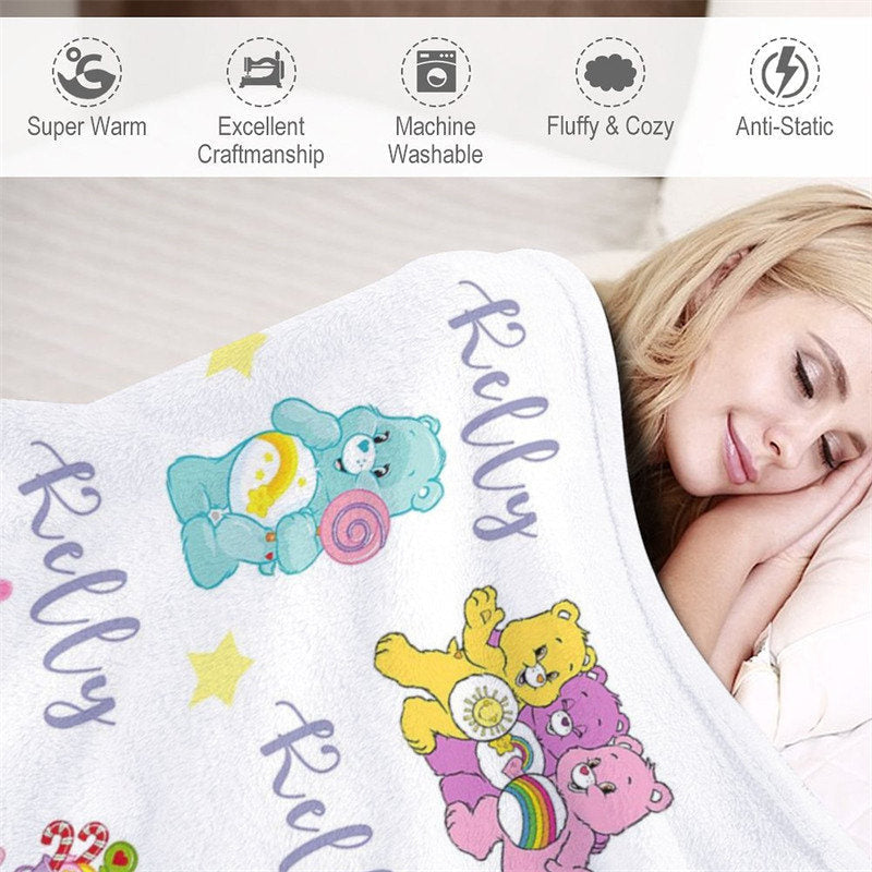 Aperturee - Custom Name Repeat Cute Bear Pattern White Blanket