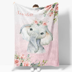 Lofaris Custom Name Simple Cute Elephant Pink Floral Blanket