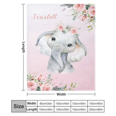 Lofaris Custom Name Simple Cute Elephant Pink Floral Blanket