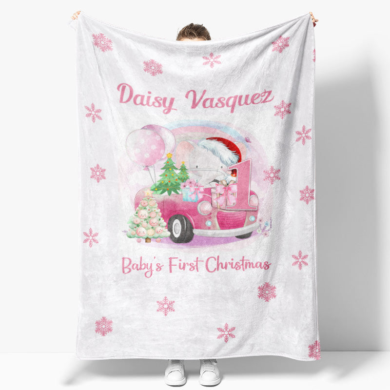 Aperturee - Custom Name Snowflake Pink First Christmas Blanket