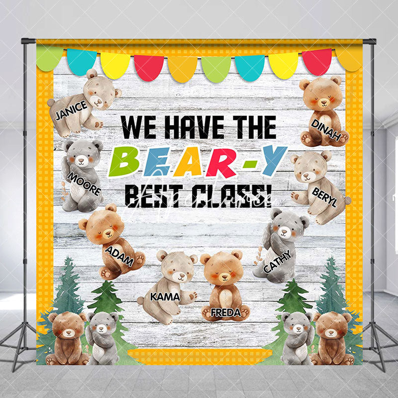 Aperturee - Custom Name Tree Bear Wooden Back To School Backdrop