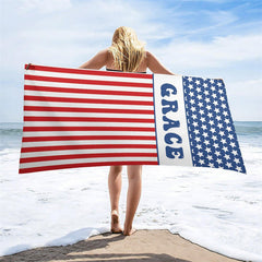 Aperturee - Custom Name Usa Flag Beach Towel For Holiday Gifts