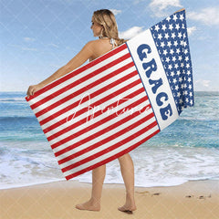 Aperturee - Custom Name Usa Flag Beach Towel For Holiday Gifts