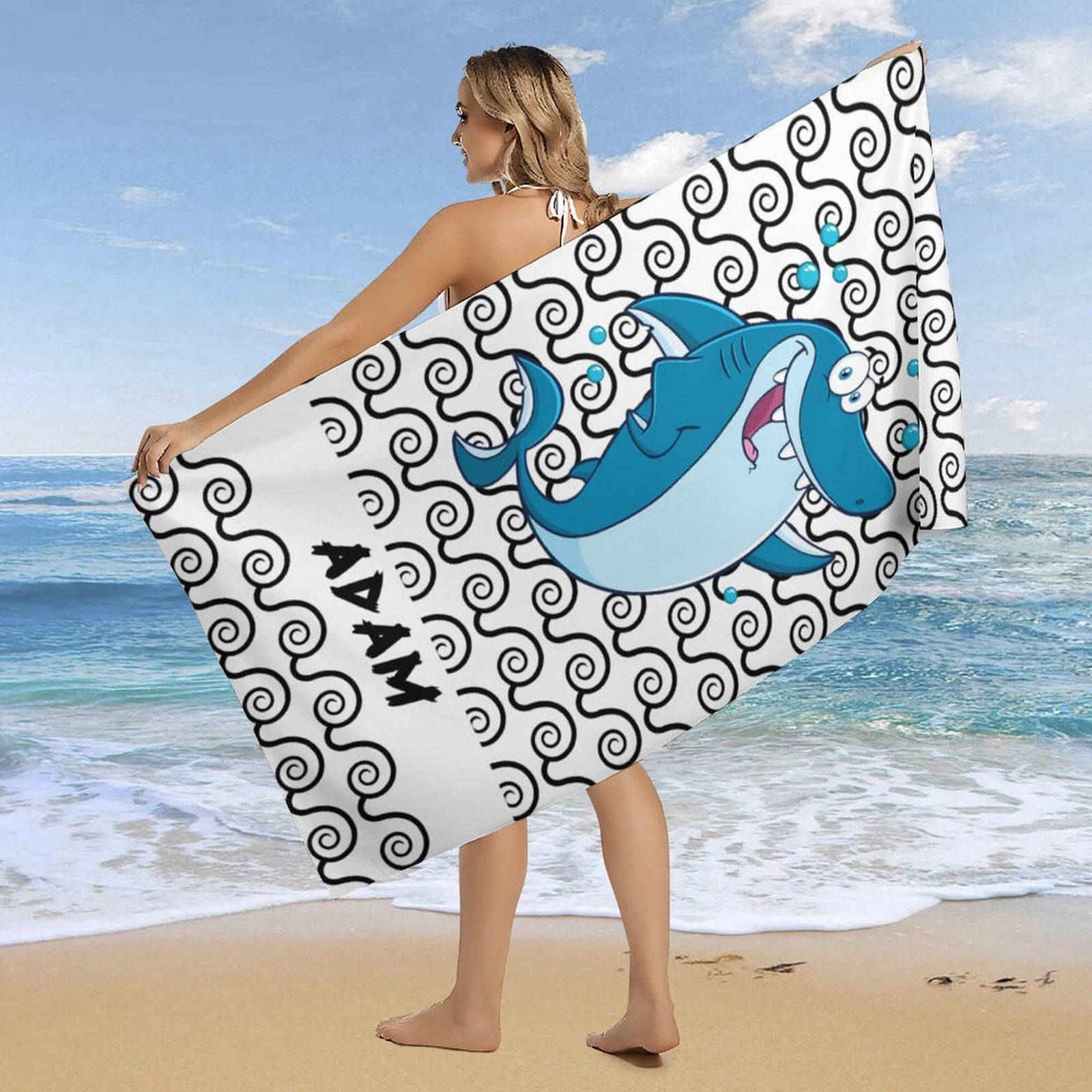 Aperturee - Custom Name White Wave Shark Boy Beach Towel