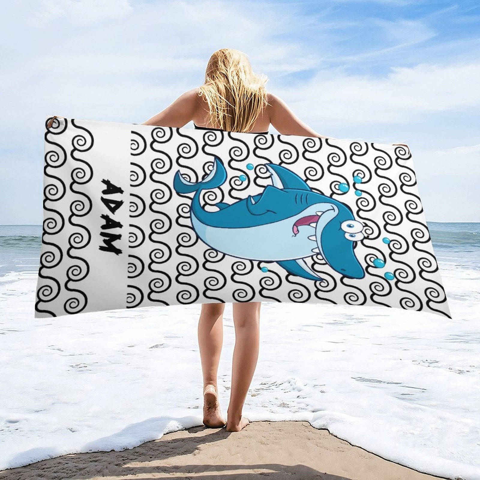 Aperturee - Custom Name White Wave Shark Boy Beach Towel