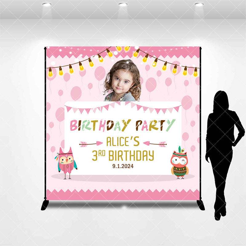 Aperturee - Custom Owl Pink Theme Birthday Backdrop For Girls