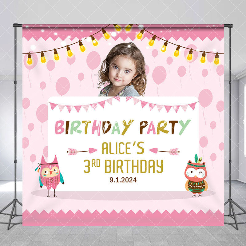 Aperturee - Custom Owl Pink Theme Birthday Backdrop For Girls