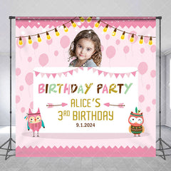 Aperturee - Custom Owl Pink Theme Birthday Backdrop For Girls