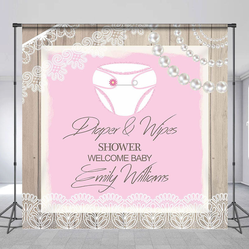 Aperturee - Custom Pearls Wood Pink Diaper Wipes Shower Backdrop