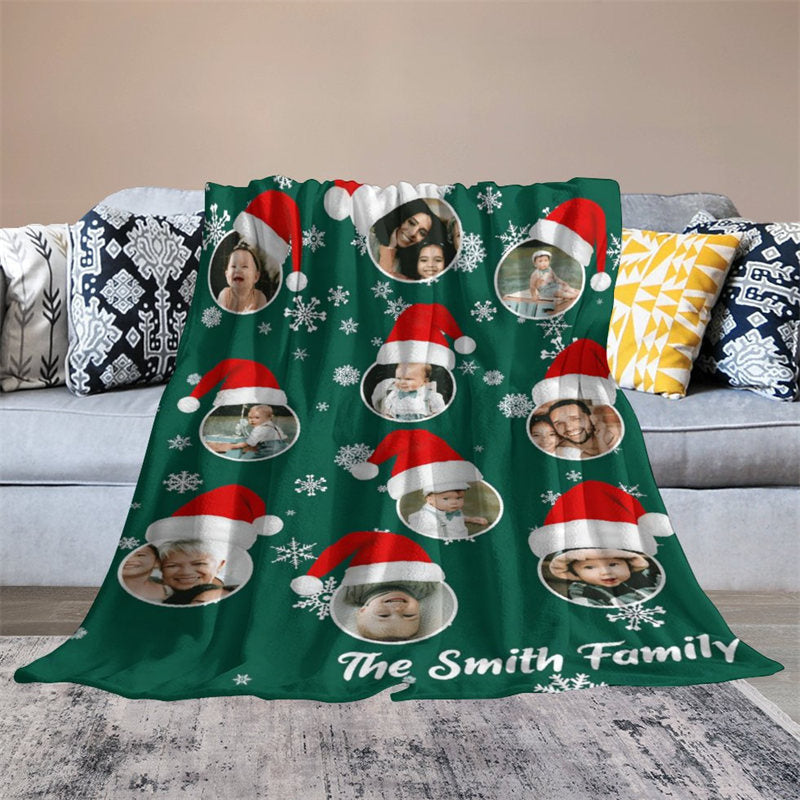 Aperturee - Custom Photo Green Snow Hat Family Christmas Blanket