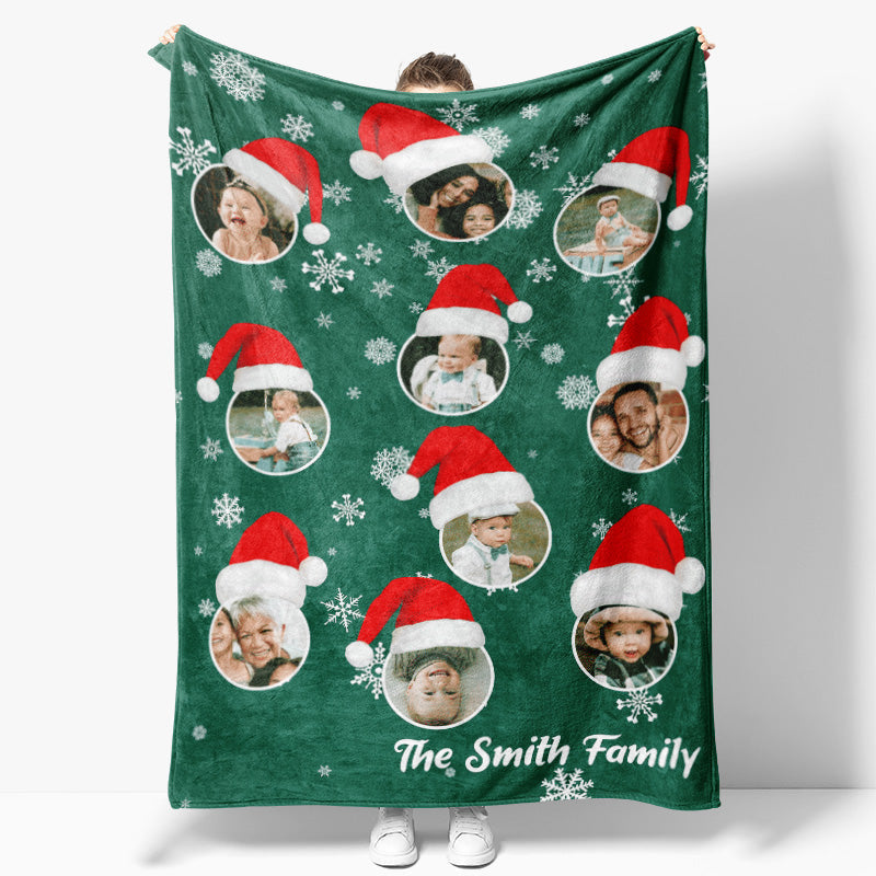 Aperturee - Custom Photo Green Snow Hat Family Christmas Blanket