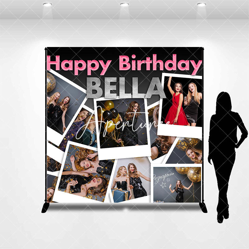 Aperturee - Custom Photo Name Black Pink Happy Birthday Backdrop